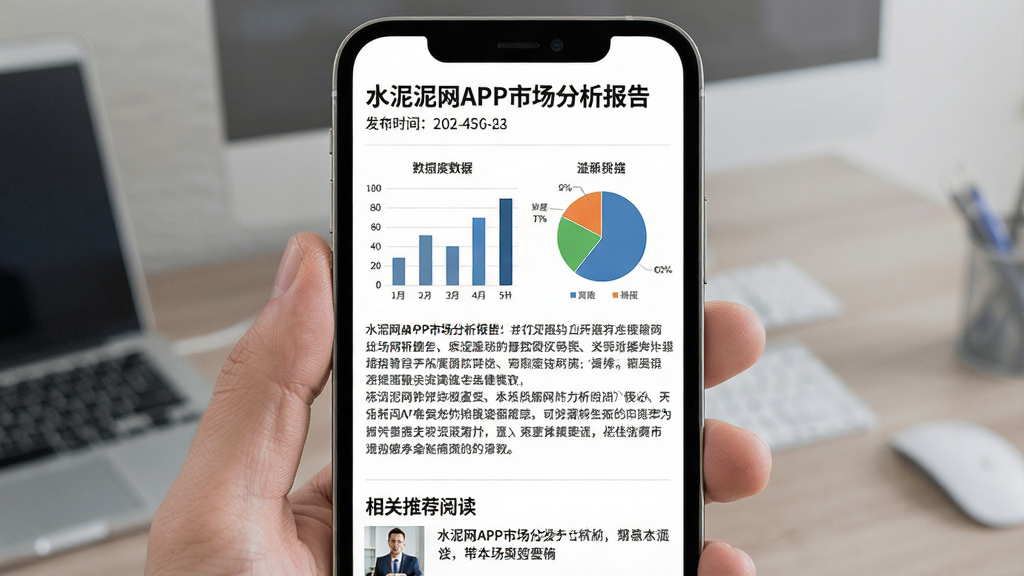 一张水泥网APP市场分析报告页面的示意图,主体为手机屏幕显示图文混排的分析文章,布局上方为报告标题和发布时间,中部为数据图表和文字分析,下方为相关推荐阅读,排版规整专业,风格为研究报告类商务风,细节包含柱状图、饼图、分析段落,画质高清干净无多余元素
