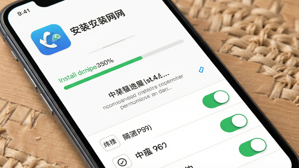 一张展示手机安装水泥网APP过程的示意图,主体为手机屏幕显示安装进度条和权限授权弹窗,布局上方为应用图标和名称,中部为安装进度提示,下方为权限开关列表,排版简洁明了,风格为手机系统界面写实风,细节包含进度百分比、权限图标、确认按钮,画质高清干净无多余元素