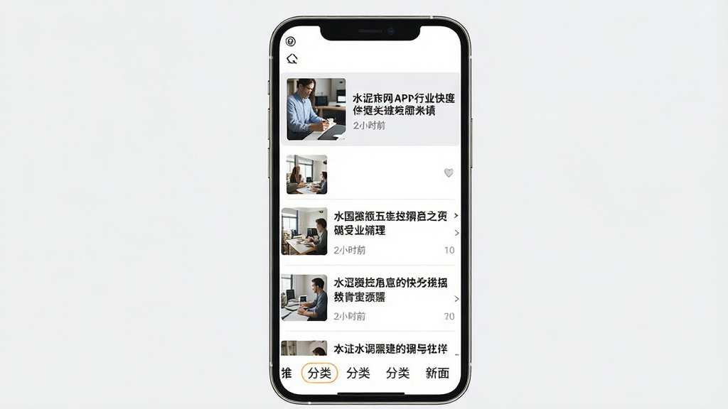 一张水泥网APP行业快讯页面的示意图,主体为手机屏幕显示新闻列表,布局上方为头条推荐区域,中部为快讯信息流,下方为分类标签栏,排版清晰易读,风格为新闻资讯类简洁风,细节包含新闻缩略图、标题文字、时间戳,画质高清干净无多余元素