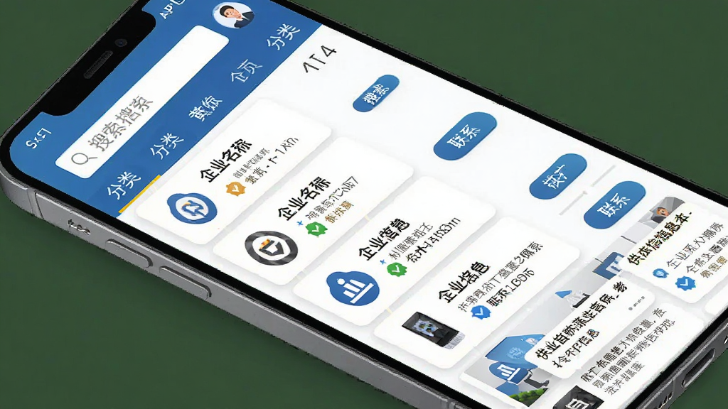 一张水泥网APP企业黄页页面的示意图,主体为手机屏幕显示企业列表和供求信息卡片,布局上方为搜索框和分类导航,中部为企业名称和联系方式列表,下方为供求信息滚动区域,排版整齐规范,风格为商务信息平台风,细节包含企业图标、认证标识、联系按钮,画质高清干净无多余元素