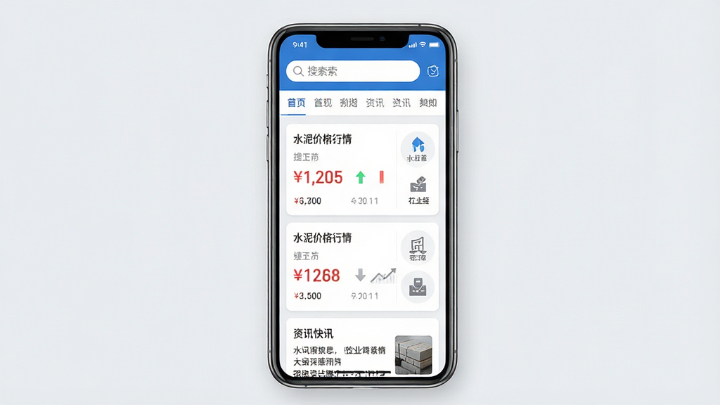 一张手机屏幕展示水泥网APP首页界面,主体为手机竖屏居中放置,布局上方为搜索栏和导航栏,中部为水泥价格行情卡片列表,下方为资讯快讯模块,排版整齐清晰,风格为现代商务简约风,细节包含价格数字、涨跌箭头、行业图标,画质高清干净无多余元素,整体色调以蓝白灰为主