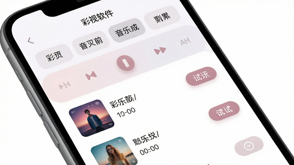一张展示彩视软件音乐选择界面的图片,画面主体是手机屏幕,屏幕中显示音乐列表和播放控制条,布局采用上下结构,上方是分类标签,下方是歌曲列表,排版清晰,风格为柔和圆角设计,细节包含音乐封面、时长显示和试听按钮,画质高清,画面干净,无多余元素