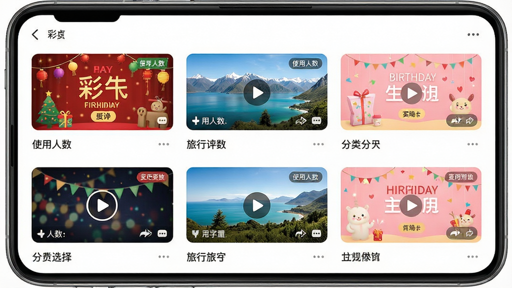 一张展示彩视软件模板选择界面的图片,画面主体是手机屏幕,屏幕中排列着多个不同风格的视频模板缩略图,包含节日主题、旅行主题和生日主题,布局采用网格状排列,排版整齐有序,风格为清新明快,细节包含模板封面图、使用人数标签和分类标签,画质清晰,画面干净,无多余元素