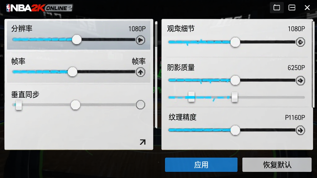 NBA2K Online2游戏设置界面截图,画面展示画质调节面板,左侧为分辨率、帧率、垂直同步选项,右侧为观众细节、阴影质量、纹理精度滑块,底部有“应用”与“恢复默认”按钮,排版采用游戏内设置菜单风格,风格简洁科技感,细节包含滑块高亮、参数数值显示,画质1080P清晰,干净无多余元素