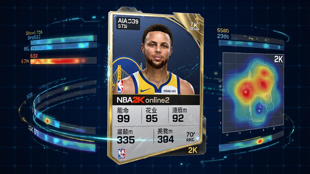 NBA2K Online2球员数据面板特写,画面中央为斯蒂芬库里球员卡牌,卡面显示三分能力值99、控球95、速度92等详细数据,卡牌周围环绕动态数据条与热区图,背景为深蓝色科技感网格,排版采用卡牌收集界面风格,风格现代电竞风,细节包含卡牌金属质感、数据发光特效,画质2K高清,干净无多余元素
