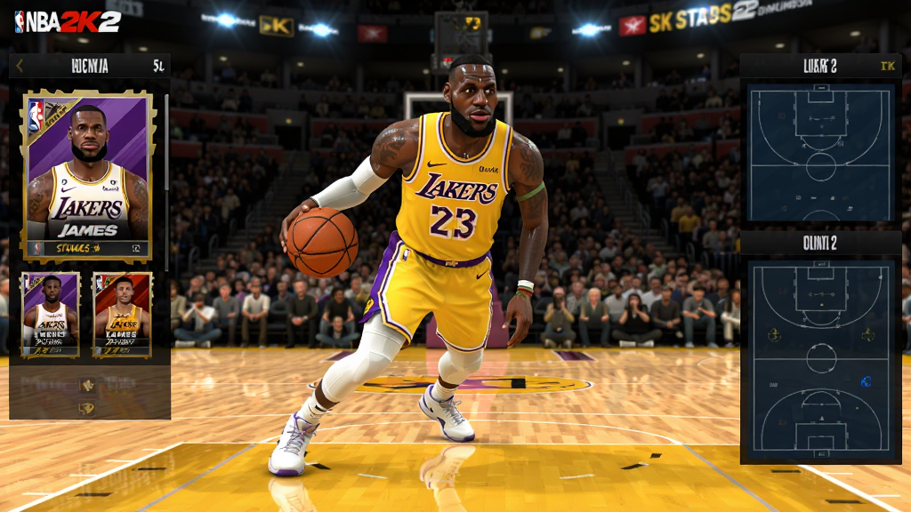 NBA2K Online2游戏主界面全景展示,画面中央为勒布朗詹姆斯身穿湖人队球衣持球突破,背景为斯台普斯中心球馆座无虚席,观众席灯光璀璨,球场木地板反光质感真实,左右两侧分别展示球员卡牌收集界面与战术面板,整体布局采用游戏UI风格,排版清晰,风格写实竞技体育风,细节包含球衣纹理、汗水反光、观众表情,画质4K超高清,干净无多余元素