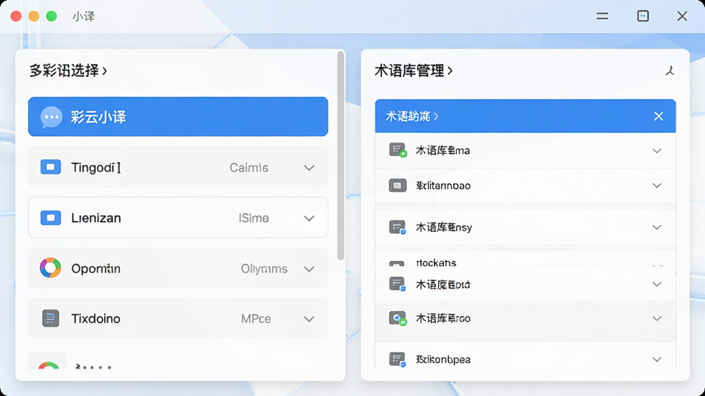 彩云小译的设置界面展示多引擎选择和术语库管理功能,界面中列出多个翻译引擎选项和术语库列表,设计风格为扁平化科技风,色调以蓝白灰为主,画质高清,排版整齐,干净无多余元素