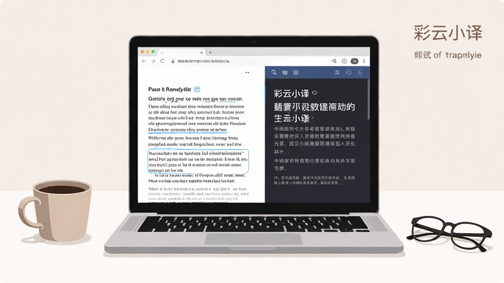 一台笔记本电脑屏幕上显示彩云小译的网页翻译效果,左侧是英文原文网页,右侧是中文译文对照,页面排版整齐。电脑旁边放着一杯咖啡和一副眼镜,桌面整洁。风格为简约商务插画,色调柔和,画质高清,干净无多余元素