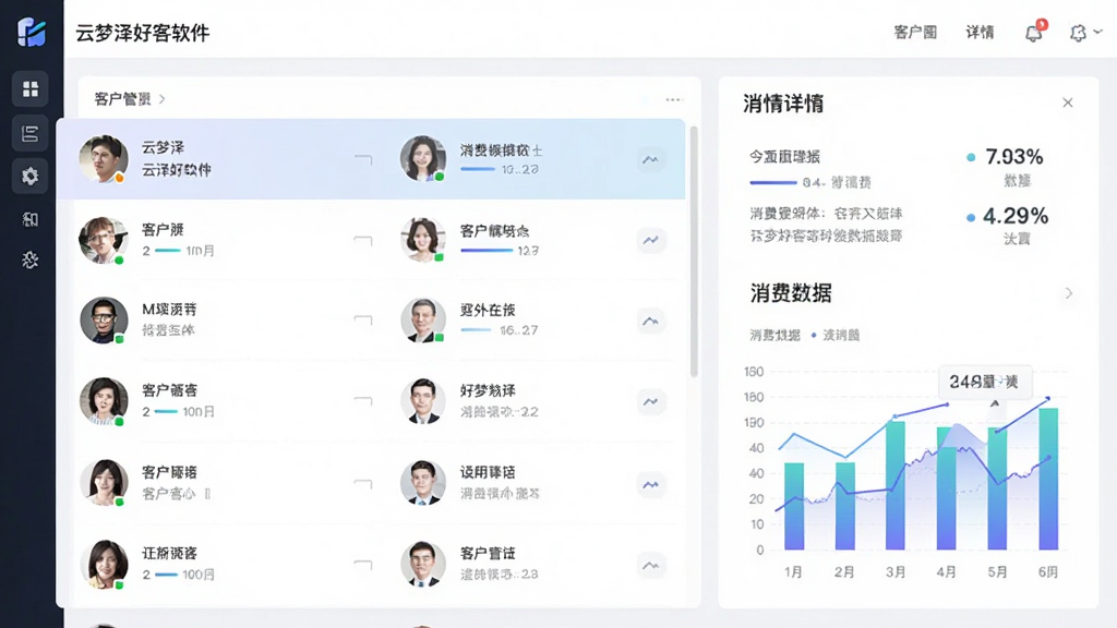 主体为云梦泽好客软件的客户管理界面,画面展示客户头像列表和消费数据图表。布局采用左右分栏设计,左侧为客户列表,右侧为详情面板。排版清晰有序,风格为商务科技风,细节上图表带有渐变色彩,背景为浅灰色,画质高清干净,无多余元素。