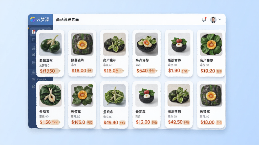 主体为云梦泽好客软件的商品管理界面截图风格插画,画面中央是一个悬浮的商品卡片列表,卡片上显示商品图片、名称和价格标签。布局采用网格状排列,卡片整齐分布。排版清晰有序,风格为扁平化UI设计风格,细节上卡片带有轻微阴影效果,背景为淡蓝色渐变,画质高清干净,无多余元素。