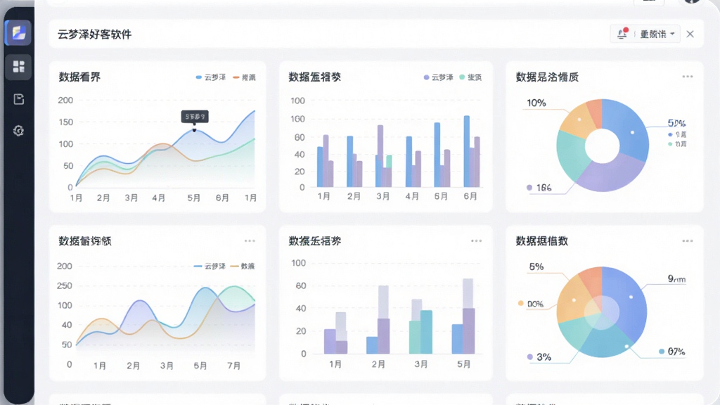 主体为云梦泽好客软件的数据看板界面,画面中央是多个数据图表卡片,包括折线图、柱状图和饼图。布局采用卡片式网格排列,图表清晰展示。排版整齐美观,风格为现代数据可视化风格,细节上图表配色柔和,背景为白色,画质高清干净,无多余元素。