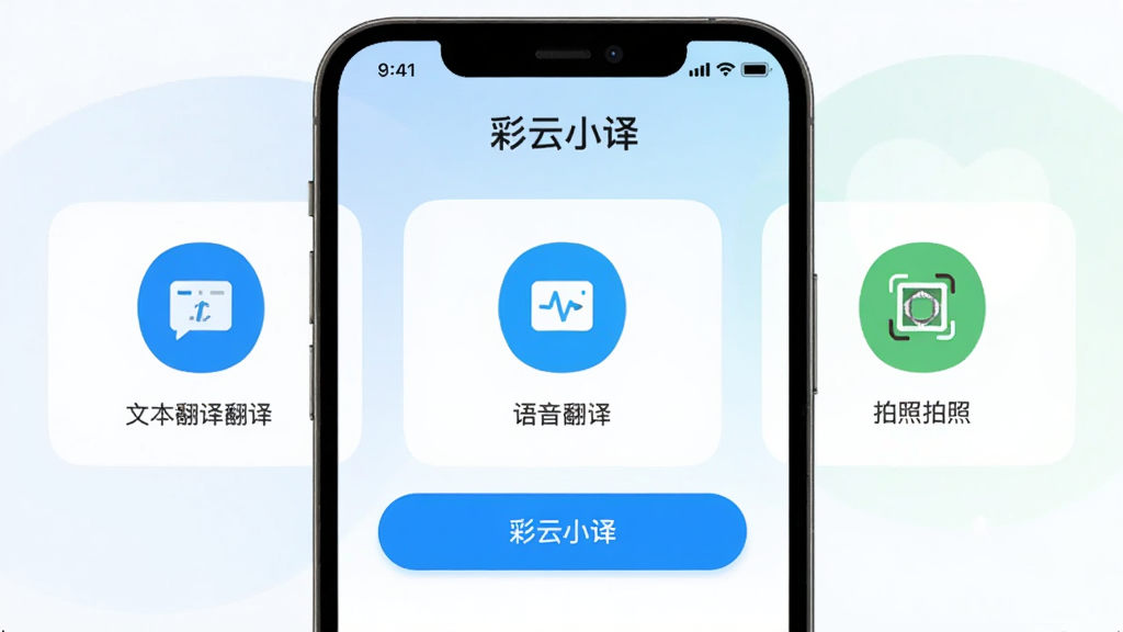彩云小译移动端操作界面截图,画面展示手机屏幕上彩云小译的主界面,包含文本翻译、语音翻译、拍照翻译三个主要功能入口,界面布局清晰,按钮图标醒目,背景为浅色渐变,风格为扁平化UI设计展示图,画质高清,干净整洁,无多余元素