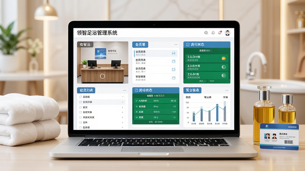 软件全貌概览图,画面中央是一台打开的笔记本电脑,屏幕上显示“领智足浴管理系统”的主界面,界面中包含收银台、会员列表、房间状态和营业报表等模块。电脑旁边摆放着足浴门店常见的毛巾、精油瓶和会员卡。整体采用明亮整洁的商务风格,布局居中对称,细节清晰,画质干净,无多余元素,适合软件下载站展示。