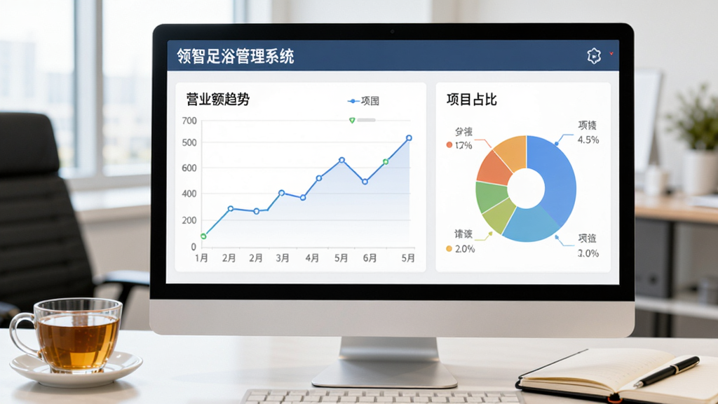 画面展示“领智足浴管理系统”的数据报表页面,屏幕上显示折线图和饼图,分别展示营业额趋势和项目占比。背景是办公室桌面,旁边放着一杯茶和一本笔记本。风格清新商务,布局居中,画质干净,无多余元素。