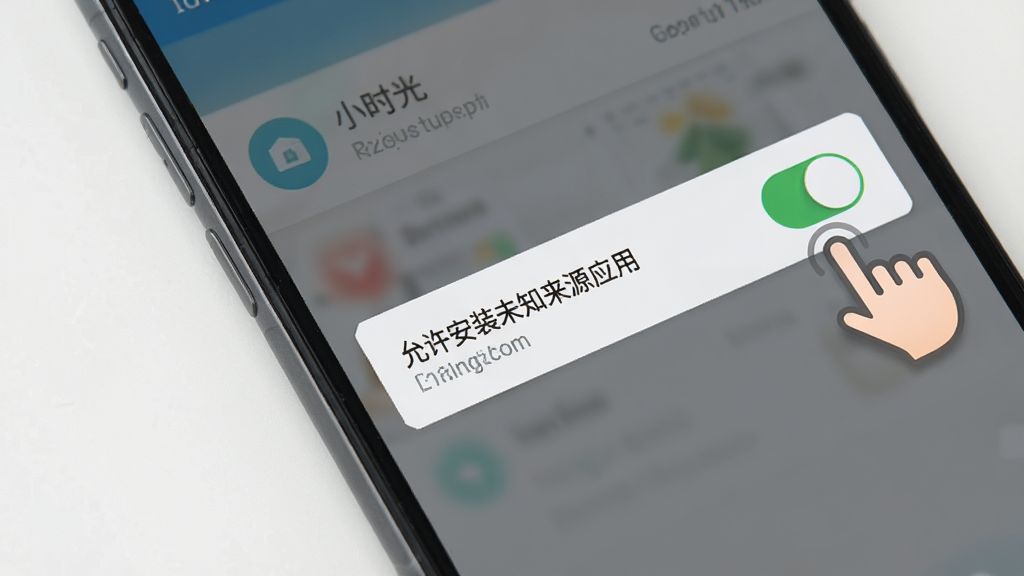 小时光兼职安卓版安装权限设置界面示意图,画面展示手机屏幕上的“允许安装未知来源应用”开关,旁边有手指点击的图标。背景简洁,使用浅灰色和白色,突出设置选项。风格写实,画质清晰,无多余元素,用于指导用户完成安装前设置。