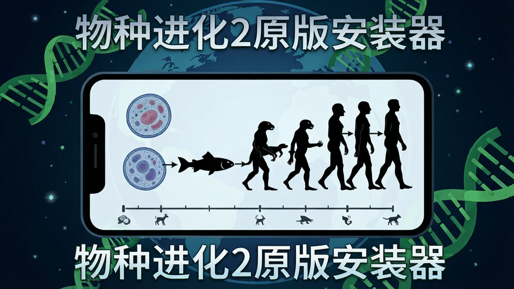一张横向构图的数字插画,画面中央是一部智能手机,手机屏幕上显示着从单细胞生物到鱼类、爬行动物再到人类的进化链条剪影,手机周围环绕着绿色的DNA双螺旋结构和蓝色地球轮廓,背景为深空色渐变,风格为扁平化科技插画,细节包含细胞纹理、时间轴刻度、物种图标,画质高清,干净,无多余元素,整体画面中带有“物种进化2原版安装器”文字标题