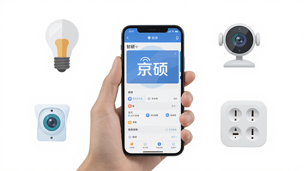 一只手拿着手机,手机屏幕显示“京硕”设备管理界面,周围漂浮着智能灯泡、摄像头、插座等图标,背景为纯白色,风格扁平化,细节清晰,画质干净,无多余元素