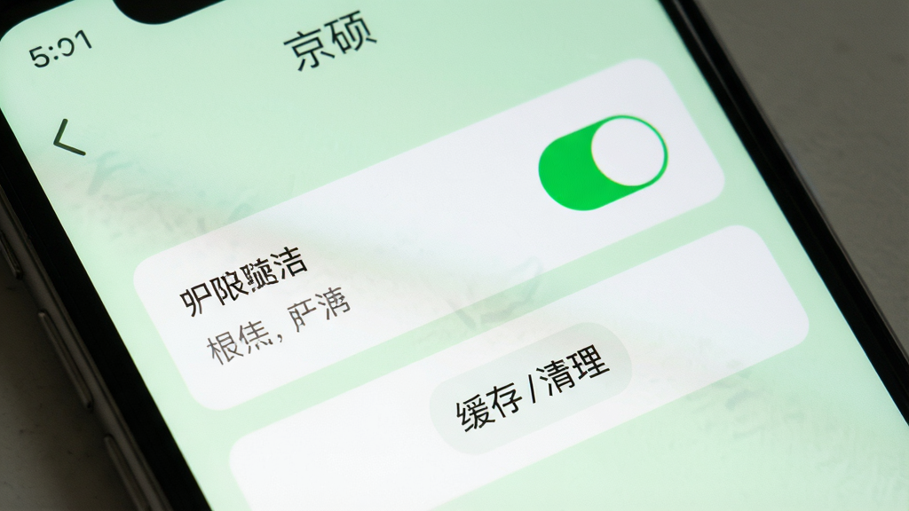 手机屏幕显示“京硕”设置页面,页面中有权限开关和缓存清理按钮,背景为浅绿色,风格清新,细节清晰,画质干净,无多余元素