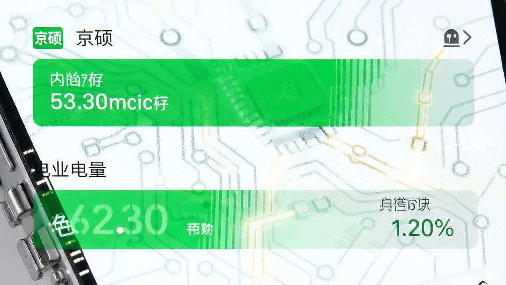 手机性能监控界面显示“京硕”应用占用内存和电量数据,数据条为绿色,背景为白色,风格科技感,细节清晰,画质干净,无多余元素