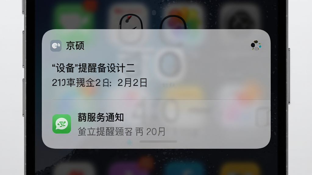 手机锁屏界面弹出“京硕”消息通知卡片,通知内容显示设备提醒和服务通知,背景为深色渐变,风格简约,细节清晰,画质干净,无多余元素