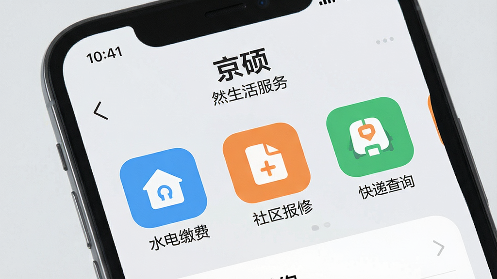 手机屏幕展示“京硕”生活服务页面,界面中有水电缴费、社区报修、快递查询等彩色图标,背景为淡灰色,风格清新,细节清晰,画质干净,无多余元素