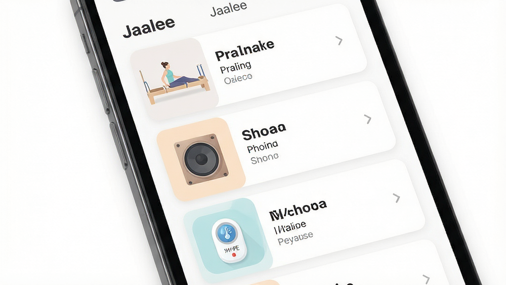 一张以“Jaalee”应用为核心的智能设备管理界面展示图,主体为手机屏幕特写,屏幕上清晰排列着普拉提器械、音响、温湿度计三个设备卡片,布局采用纵向列表排版,风格为扁平化UI设计风格,细节上图标线条简洁、色彩柔和,画质为高清,干净无多余元素,背景为纯白色。