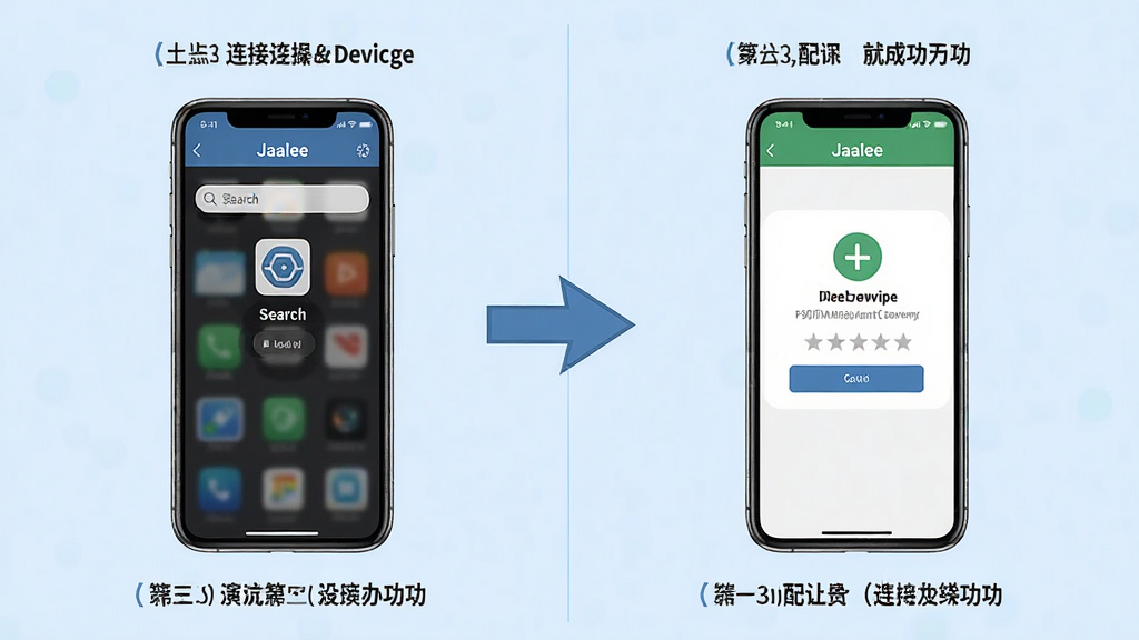 一张展示“Jaalee”应用在手机上连接设备的操作流程图,主体为手机屏幕显示搜索设备和配对成功的界面,布局采用左右分步排版,风格为教程演示风格,细节上步骤标注清晰、箭头引导明确、界面元素真实,画质为高清,干净无多余元素,背景为浅蓝色。