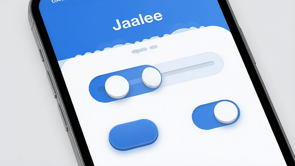 一张展示“Jaalee”应用远程控制界面的图片,主体为手机屏幕上的滑动条和开关按钮控件,布局采用居中对齐排版,风格为极简交互设计风格,细节上滑块圆润、按钮有微质感、配色以蓝白为主,画质为高清,干净无多余元素,背景为浅灰色。