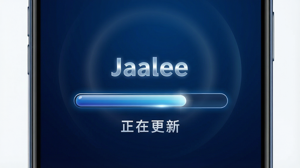一张以“Jaalee”固件升级为主题的图片,主体为手机屏幕显示升级进度条和“正在更新”字样,布局采用居中排版,风格为科技感简约风格,细节上进度条有光泽感、文字清晰、背景有微弱的光晕效果,画质为高清,干净无多余元素,背景为深蓝色渐变。