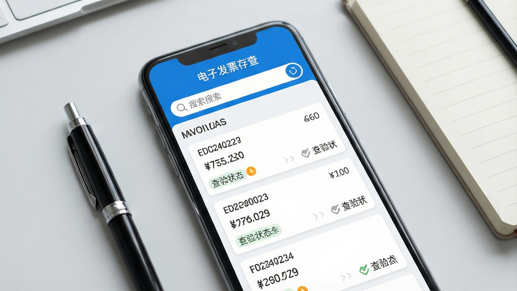 一张展示手机屏幕的图片,屏幕中央显示“电子发票存查”应用界面,界面以蓝白配色为主,顶部有搜索框,下方按月份分组展示多张电子发票卡片,每张卡片带有发票代码、金额和查验状态标识,背景为干净的浅灰色桌面,旁边放置一支笔和一本笔记本,风格简洁商务,细节清晰,画质高清,画面干净无多余元素