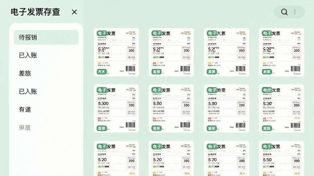 一张展示“电子发票存查”应用分类管理界面的图片,界面左侧是标签列表,包含“待报销”“已入账”“差旅”等标签,右侧是发票缩略图网格,每张发票带有小标签,背景为柔和的浅绿色,风格清新简洁,排版整齐,画质高清,画面干净