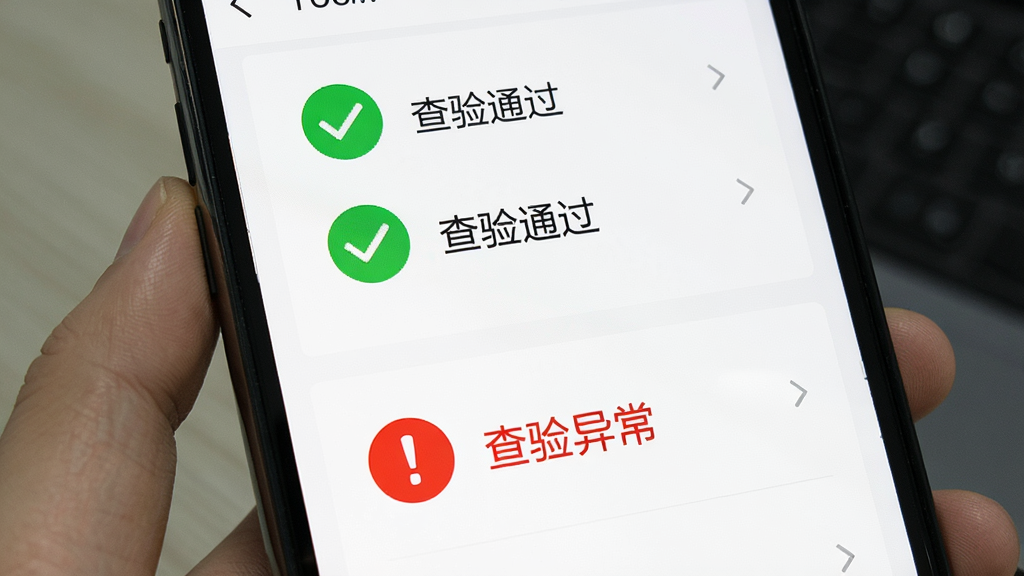 手机屏幕显示“电子发票存查”的批量查验结果页面,页面上半部分有多个绿色对勾标识和“查验通过”文字,下半部分有一张红色感叹号标识和“查验异常”提示,界面排版整齐,风格专业严谨,背景为白色,画质清晰,干净无杂乱元素