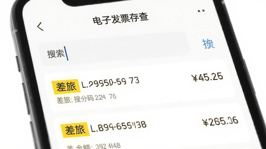 手机应用“电子发票存查”的搜索界面,搜索框内有光标闪烁,下方显示多条发票搜索结果,关键词“差旅”被黄色高亮标记,每条结果展示发票号码和金额,背景为白色,风格简约现代,排版清晰,画质干净无多余元素