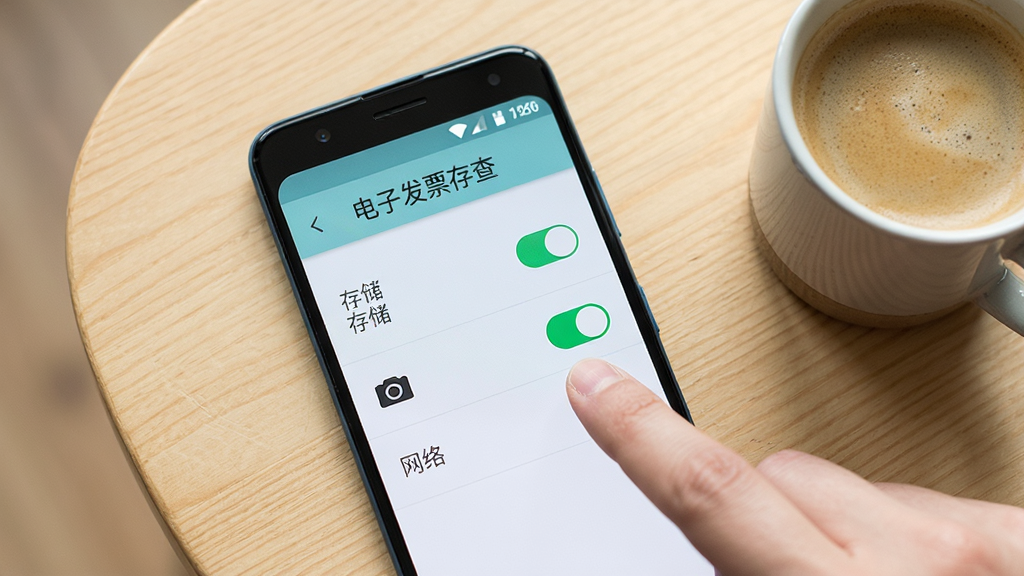 一部安卓手机屏幕显示“电子发票存查”的权限设置页面,页面中有存储、相机、网络三个权限开关,其中存储权限被手指点击开启,背景为浅色木质桌面,旁边有一杯咖啡,风格生活化,细节真实,画质清晰,画面干净无多余元素