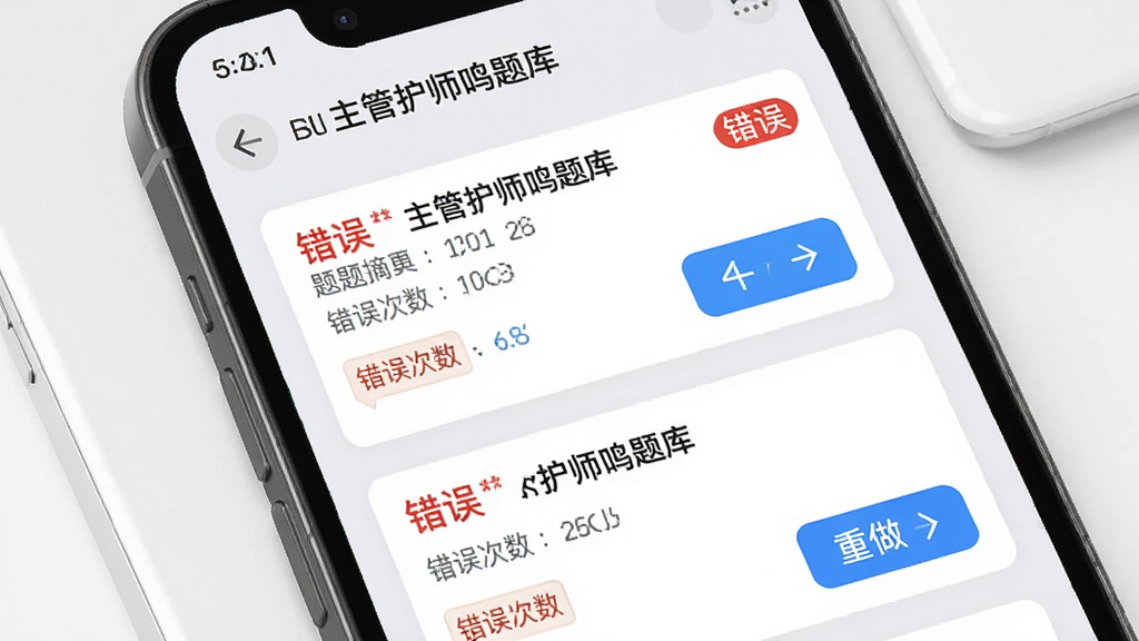 一张手机应用界面展示「主管护师鸣题库」错题本页面,主体为错题列表,布局为卡片式排列,每张卡片显示题目摘要、错误次数与重做按钮,排版整洁,风格为浅灰质感,细节包含红色错误标签与蓝色操作按钮,画质高清,画面干净,无多余元素