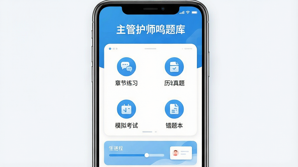 一张干净明亮的手机屏幕界面展示,主体为「主管护师鸣题库」APP首页,布局居中,上方显示软件名称「主管护师鸣题库」,中间排列章节练习、历年真题、模拟考试、错题本四个功能入口图标,排版整齐,风格为清爽医疗蓝白配色,细节包含进度条与答题卡元素,画质高清,画面干净,无多余元素