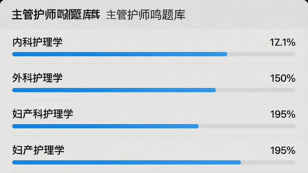 一张手机应用界面截图风格图片,主体为「主管护师鸣题库」章节练习页面,布局为纵向列表展示内科护理学、外科护理学、妇产科护理学等章节名称,每个章节右侧显示进度百分比,排版清晰,风格为简约医疗风,细节包含蓝色进度条与灰色背景,画质高清,画面干净,无多余元素