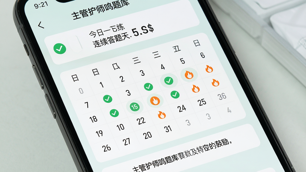一张手机屏幕展示「主管护师鸣题库」每日一练完成页面,主体为打卡日历与连续答题天数,布局上方显示今日已完成题目数量,中间为月历打卡标记,下方为鼓励文案,排版简洁,风格为清新浅色,细节包含绿色对勾与橙色火焰图标,画质高清,画面干净,无多余元素