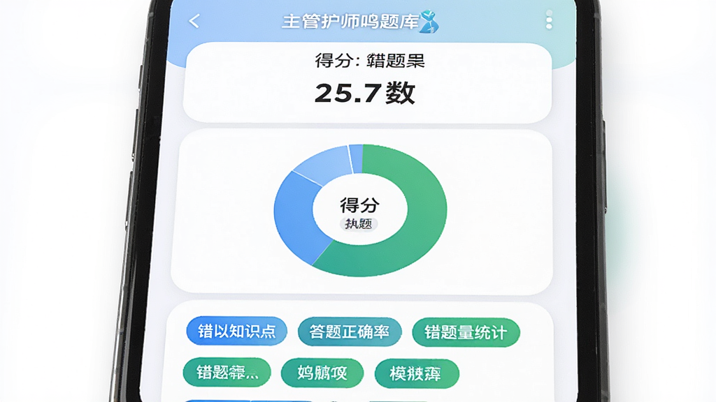 一张手机屏幕展示「主管护师鸣题库」模拟考试结果页面,主体为分数环形图与错题数量统计,布局上方显示得分,中间为答题正确率饼图,下方列出错题知识点标签,排版规整,风格为柔和圆角卡片设计,细节包含蓝色与绿色数据色块,画质高清,画面干净,无多余元素