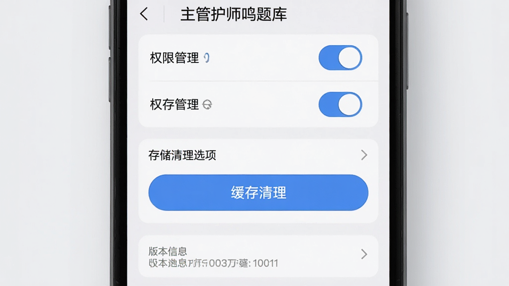 一张手机屏幕展示「主管护师鸣题库」设置页面,主体为权限管理与存储清理选项,布局上方为权限开关列表,中间为缓存清理按钮,下方为版本信息,排版清晰,风格为素雅极简,细节包含蓝色开关按钮与灰色说明文字,画质高清,画面干净,无多余元素
