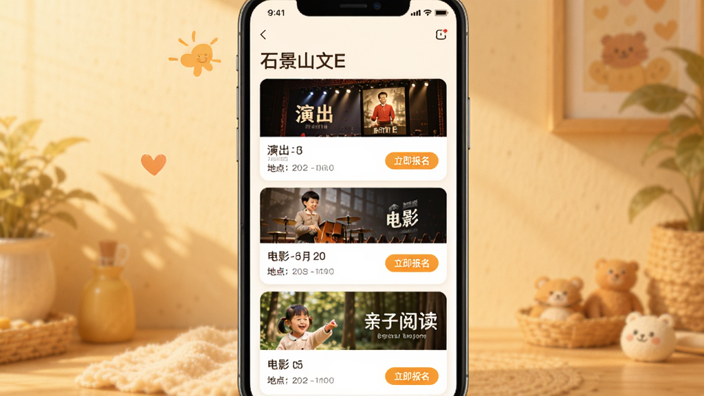 手机界面展示“石景山文E”活动列表页,页面上有演出、电影、亲子阅读等活动卡片,每张卡片配有活动图片、时间、地点和“立即报名”按钮。背景为暖色调,风格温馨友好,排版整齐,画质清晰,干净,无多余元素。