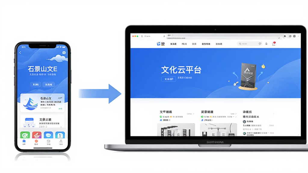 画面展示一部智能手机和一台笔记本电脑并排,手机屏幕显示“石景山文E”APP首页,电脑屏幕显示网页版文化云平台。中间有箭头表示数据同步。风格简洁商务,排版清晰,画质高清,干净,无多余元素。