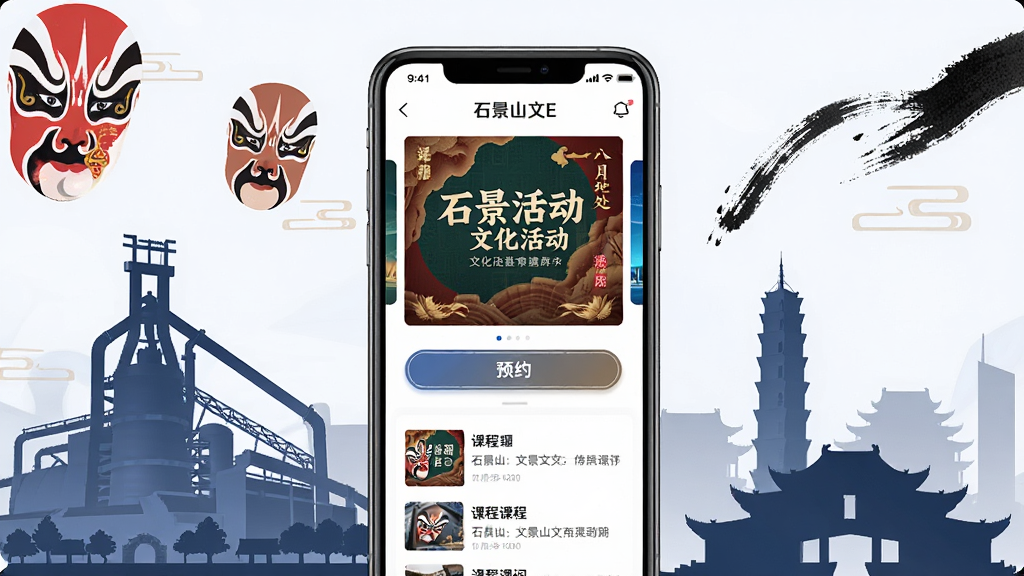 画面主体是一部智能手机,屏幕中展示“石景山文E”应用界面,界面包含文化活动海报、预约按钮和课程列表。布局为手机居中,周围环绕石景山区地标建筑剪影如首钢园、八大处。排版简洁,风格现代科技感与传统文化融合。细节包含文化符号如京剧脸谱、书法笔触。画质高清,干净,无多余元素。