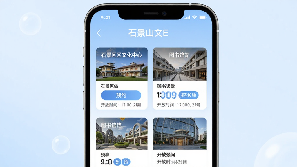 手机屏幕中展示“石景山文E”的场馆预约界面,页面列出石景山区文化中心、图书馆等场馆卡片,每个卡片有“预约”按钮和开放时间。背景为淡蓝色渐变,风格清新简洁。排版整齐,细节清晰,画质干净,无多余元素。