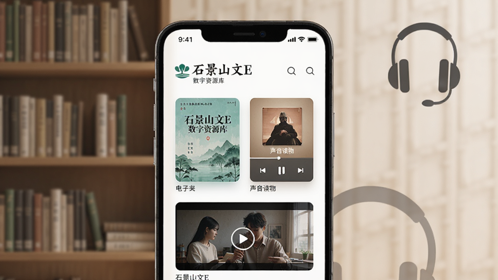 画面展示“石景山文E”数字资源库界面,手机屏幕中显示电子书封面、有声读物播放器和视频缩略图。背景为书架和耳机图标,风格安静文艺,排版清晰,画质高清,干净,无多余元素。