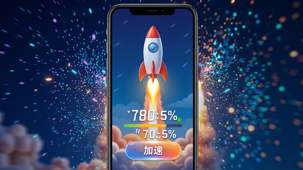 手机管家安全清理内存加速功能展示,画面主体为手机屏幕显示火箭升空动画和内存占用百分比下降,背景为动态粒子效果,布局采用垂直构图,风格为动感活力风格,细节包含火箭尾焰、内存数字变化、加速按钮高光,画质清晰干净无多余元素