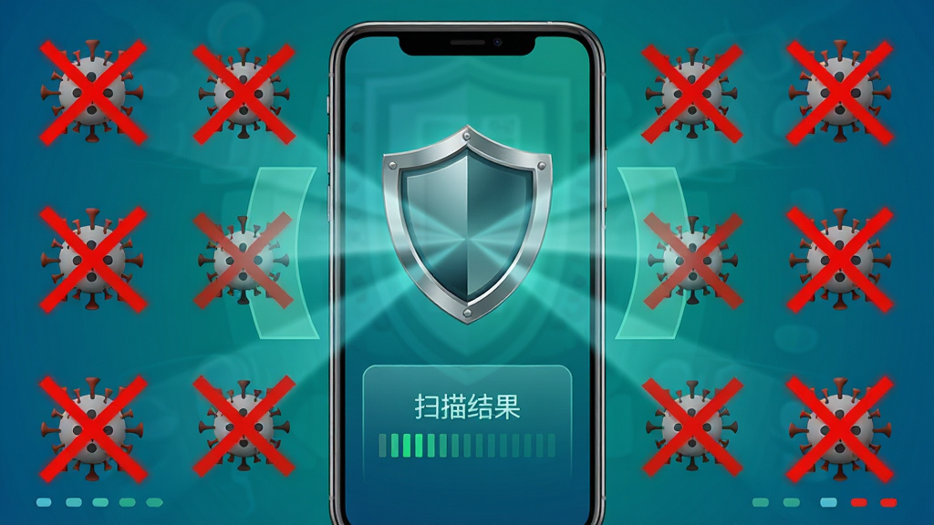 手机管家安全清理病毒查杀界面展示,画面中央为手机屏幕显示盾牌图标和扫描结果,周围有病毒图标被红色叉号标记,布局采用中心对称式,风格为安全防护主题的蓝绿配色,细节包含盾牌金属质感、病毒图标红色警示、扫描光线,画质清晰干净无多余元素