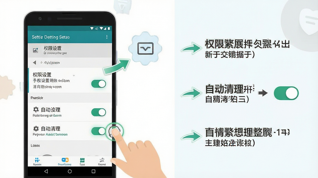 手机管家安全清理新手操作指引示意图,画面展示一部安卓手机屏幕,屏幕上显示权限设置和自动清理开关,旁边有手指点击的示意图标,布局采用左右分栏,左侧为手机界面,右侧为操作步骤文字标注,风格为扁平化教学插画风,细节包含箭头指引、开关按钮高亮、设置菜单层级展示,画质清晰干净无多余元素