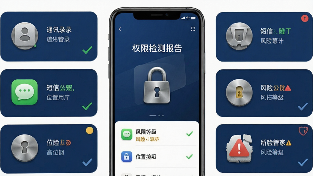手机管家安全清理隐私检测界面展示,画面中央为手机屏幕显示权限检测报告和锁形图标,周围有通讯录、短信、位置等权限图标被勾选或警告,布局采用列表式排版,风格为稳重安全的深蓝色调,细节包含锁具金属质感、权限图标、风险等级颜色标注,画质清晰干净无多余元素