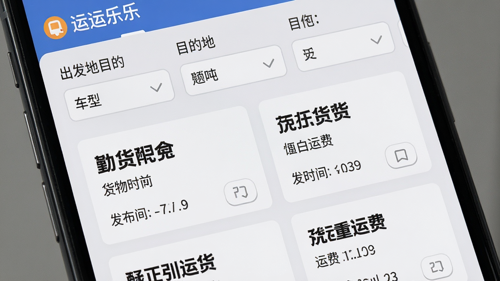 运乐乐货主货源列表界面展示图,画面为手机屏幕特写,屏幕内呈现运乐乐货主软件货源筛选页面,上方有出发地目的地车型吨位等筛选条件标签,下方为滚动展示的货源卡片,卡片上用醒目字体标注货物名称重量运费及发布时间,背景为浅灰色,界面文字清晰可辨,风格写实,画质干净,无多余装饰元素